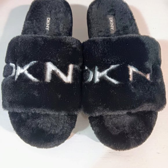 DKNY Black and White Furry Slippers - Picture 5 of 6